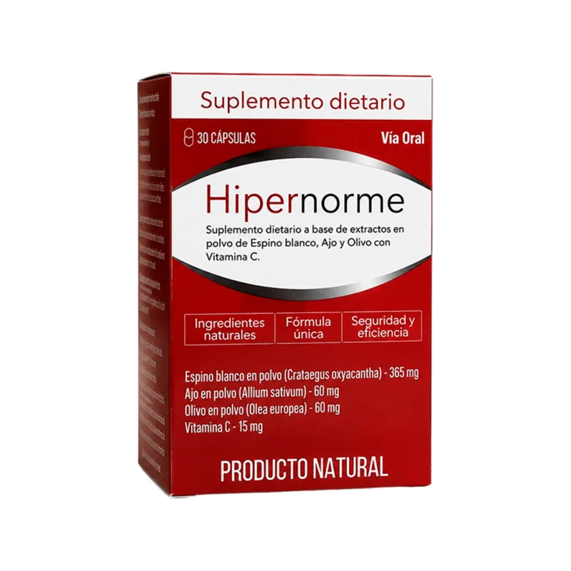 Hipernorme — caja con la composición: espino blanco, ajo, olivo y vitamina C
